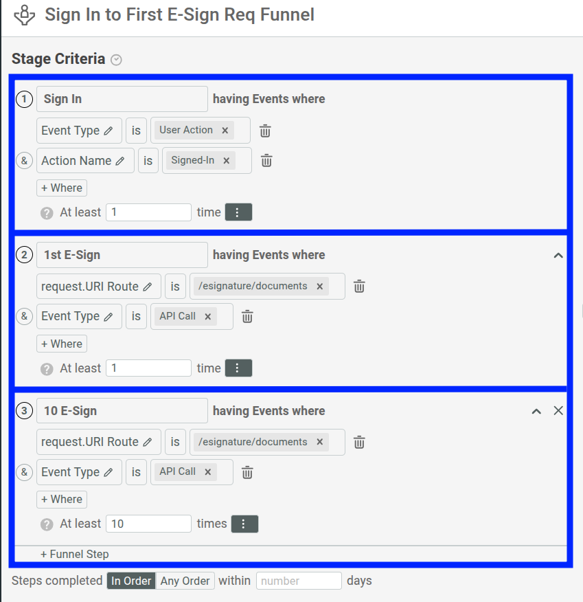 Filters and settingsg for an example user funnel within Moesif
