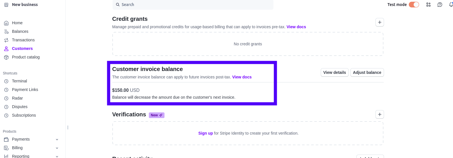 Customer in Stripe with credits