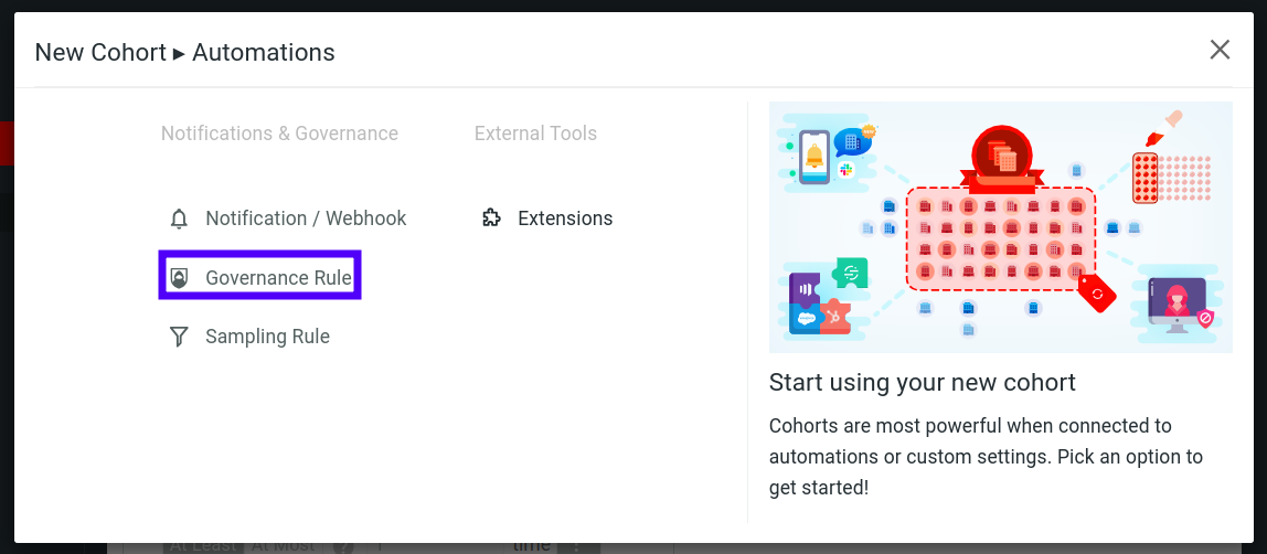 Governance Rule button in the modal after creating a Company cohort