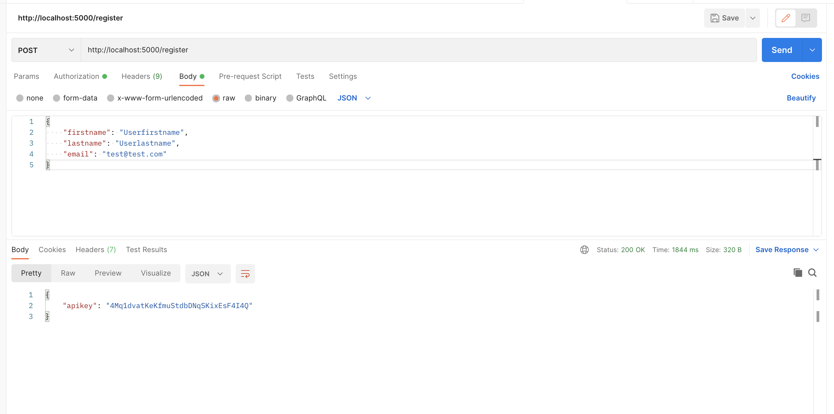 Postman Response Example with API key