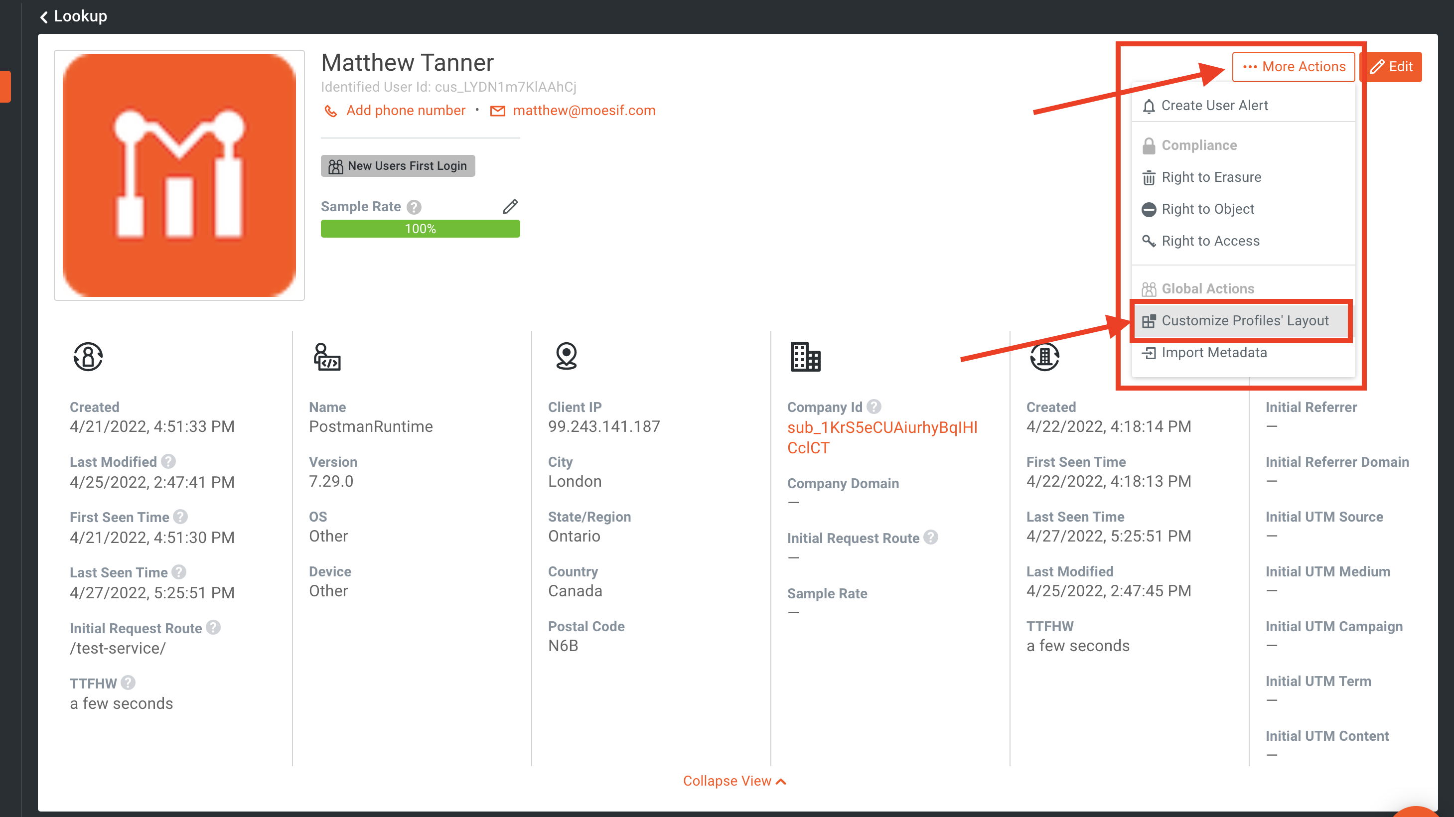 Moesif More Actions Customize Profiles' Layout