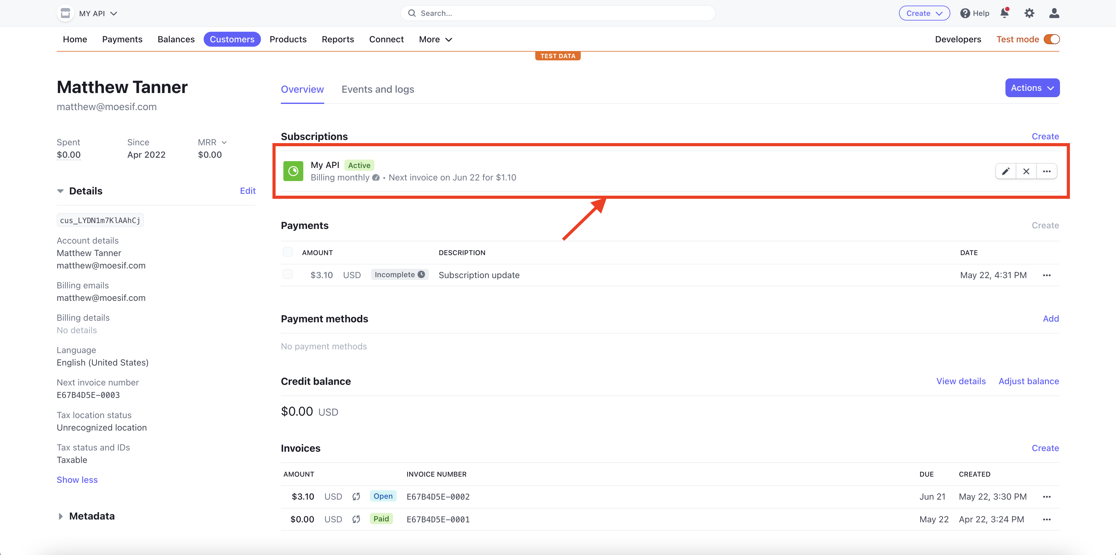 User profile in Stripe