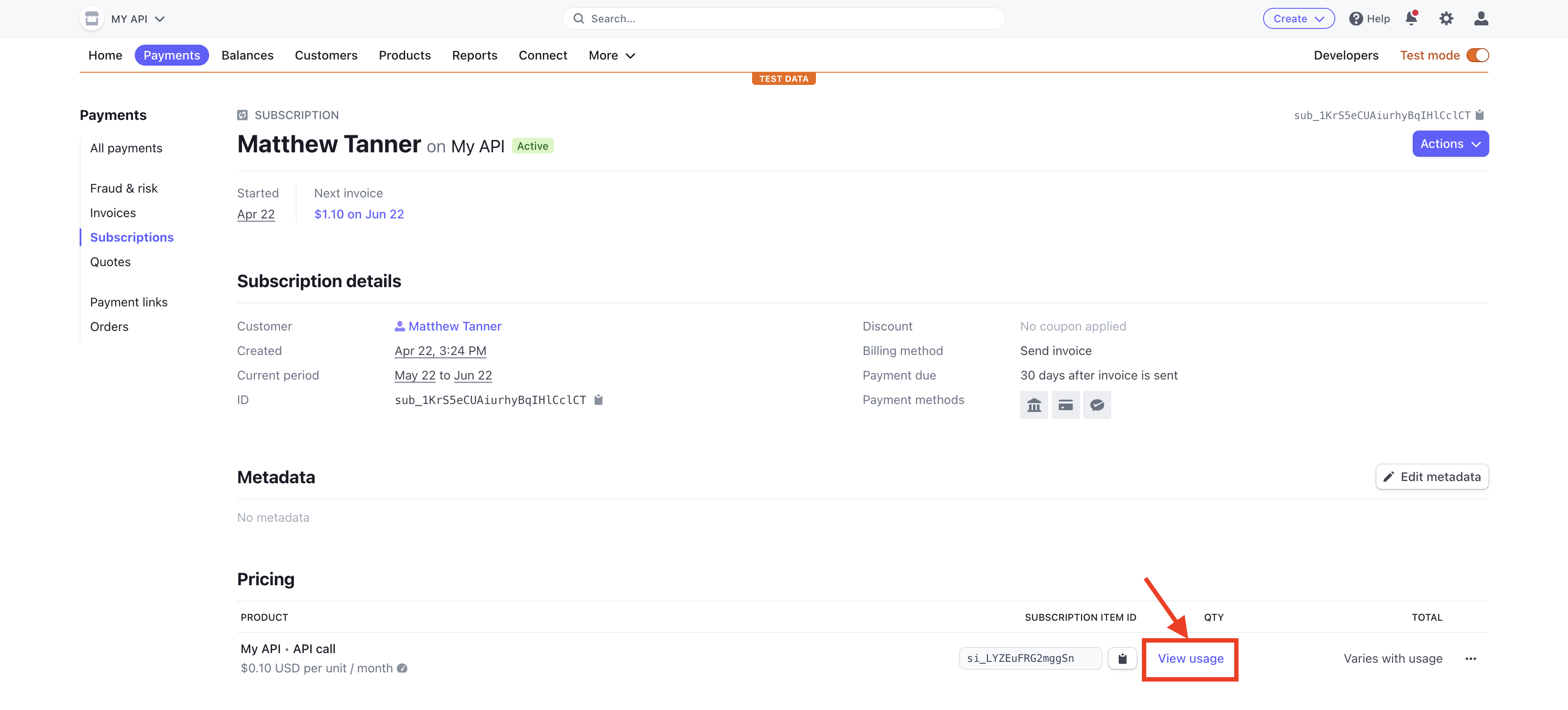 Subscription details screen