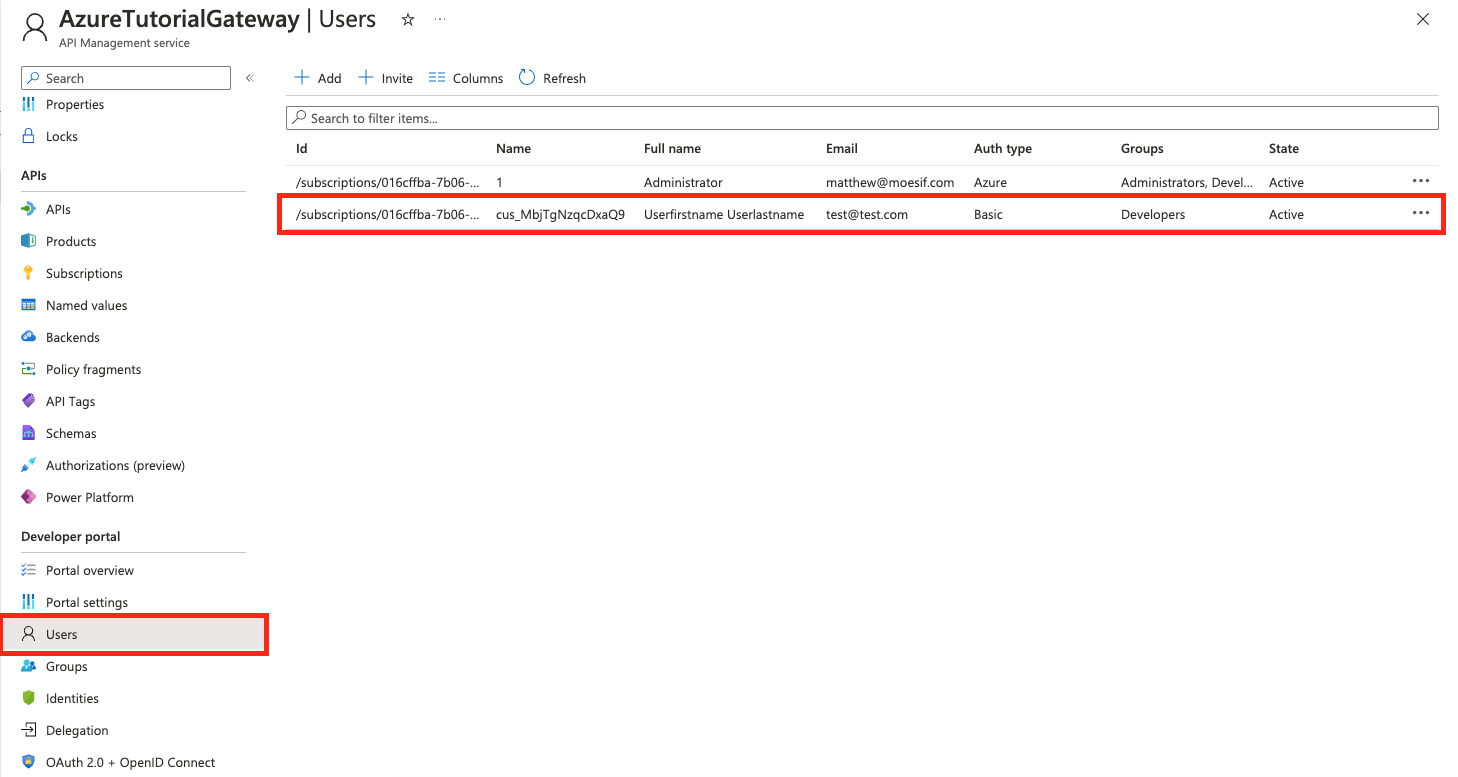 Azure users screen