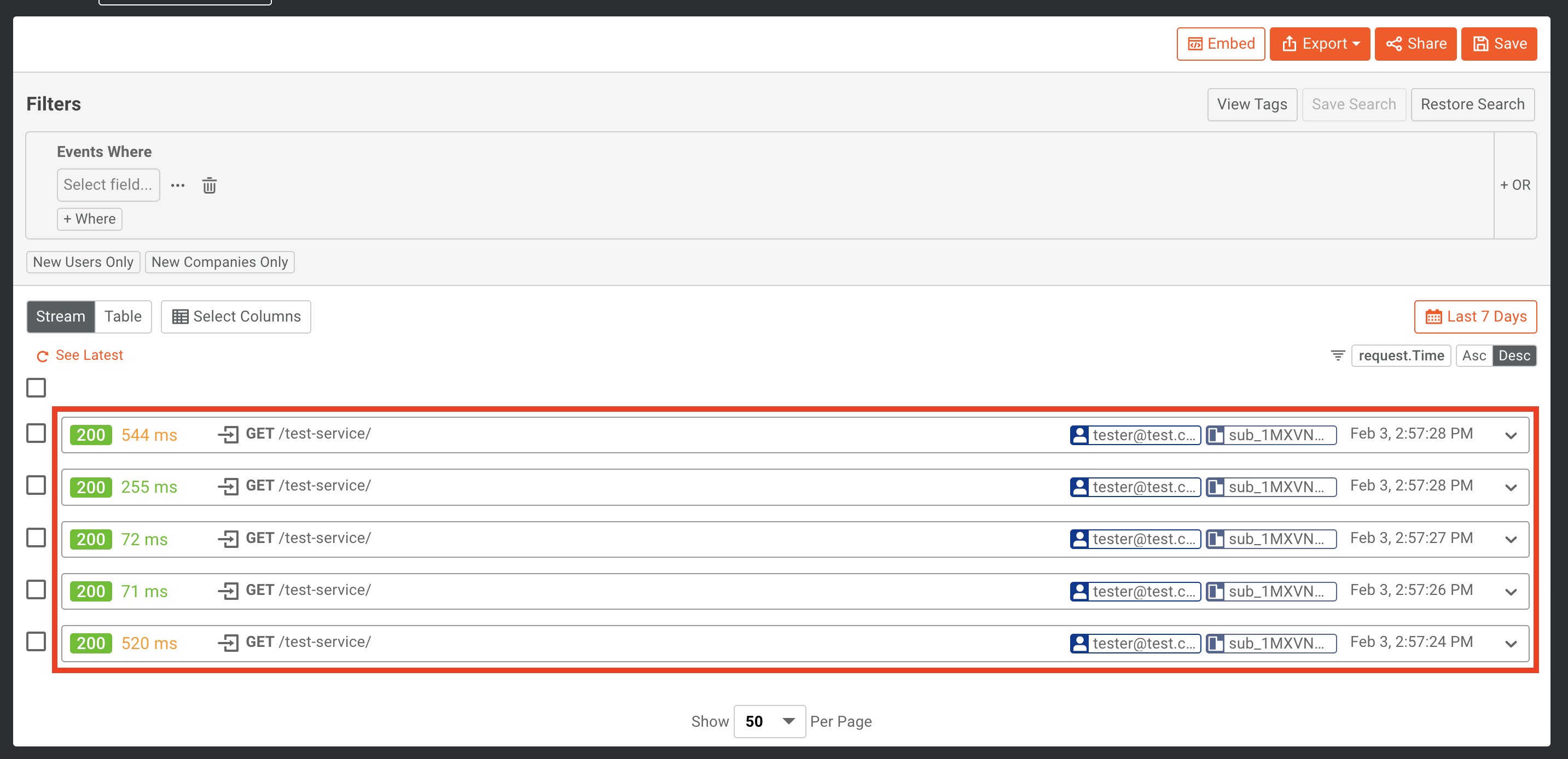 live event log with monetized API call