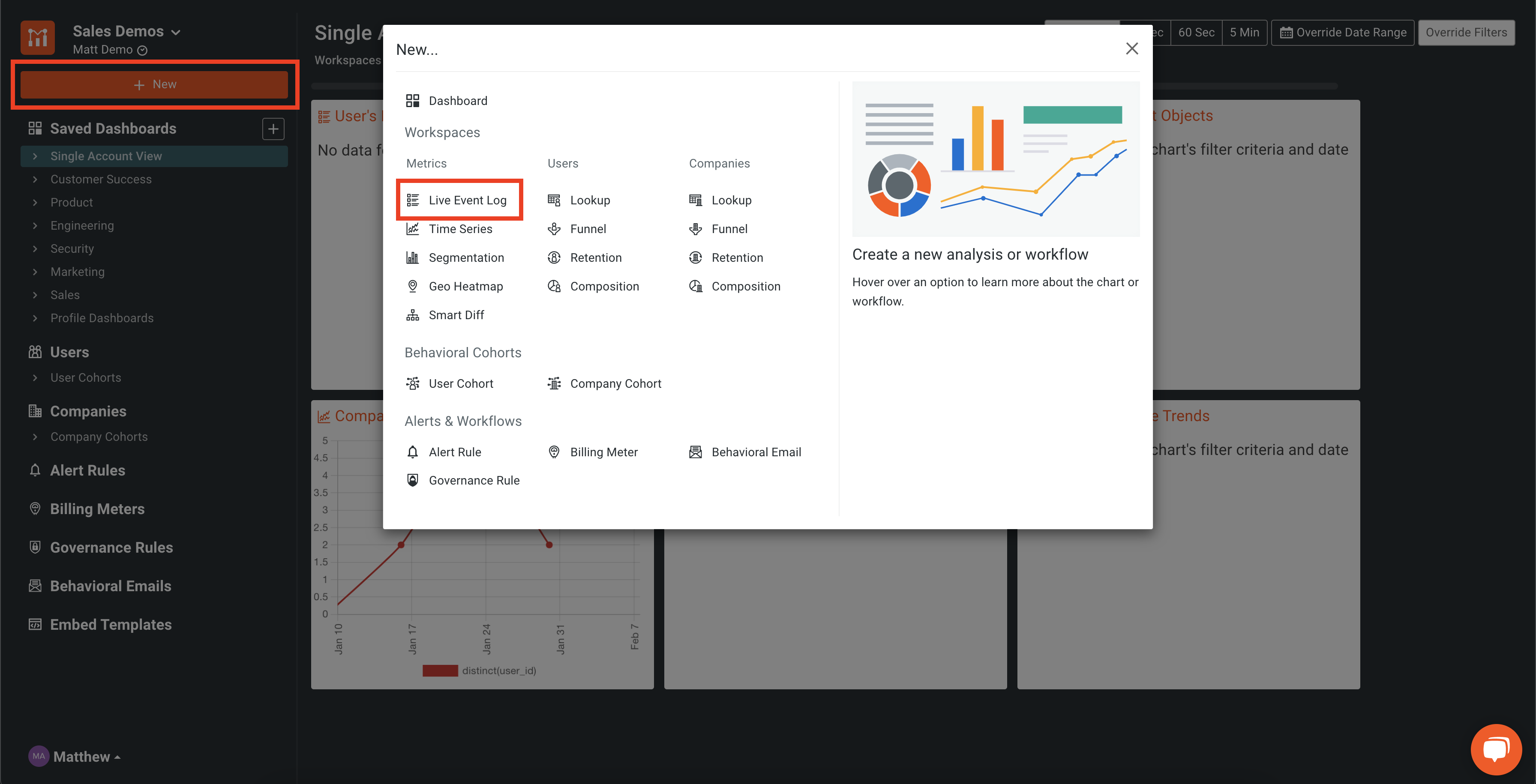 Live event log menu item