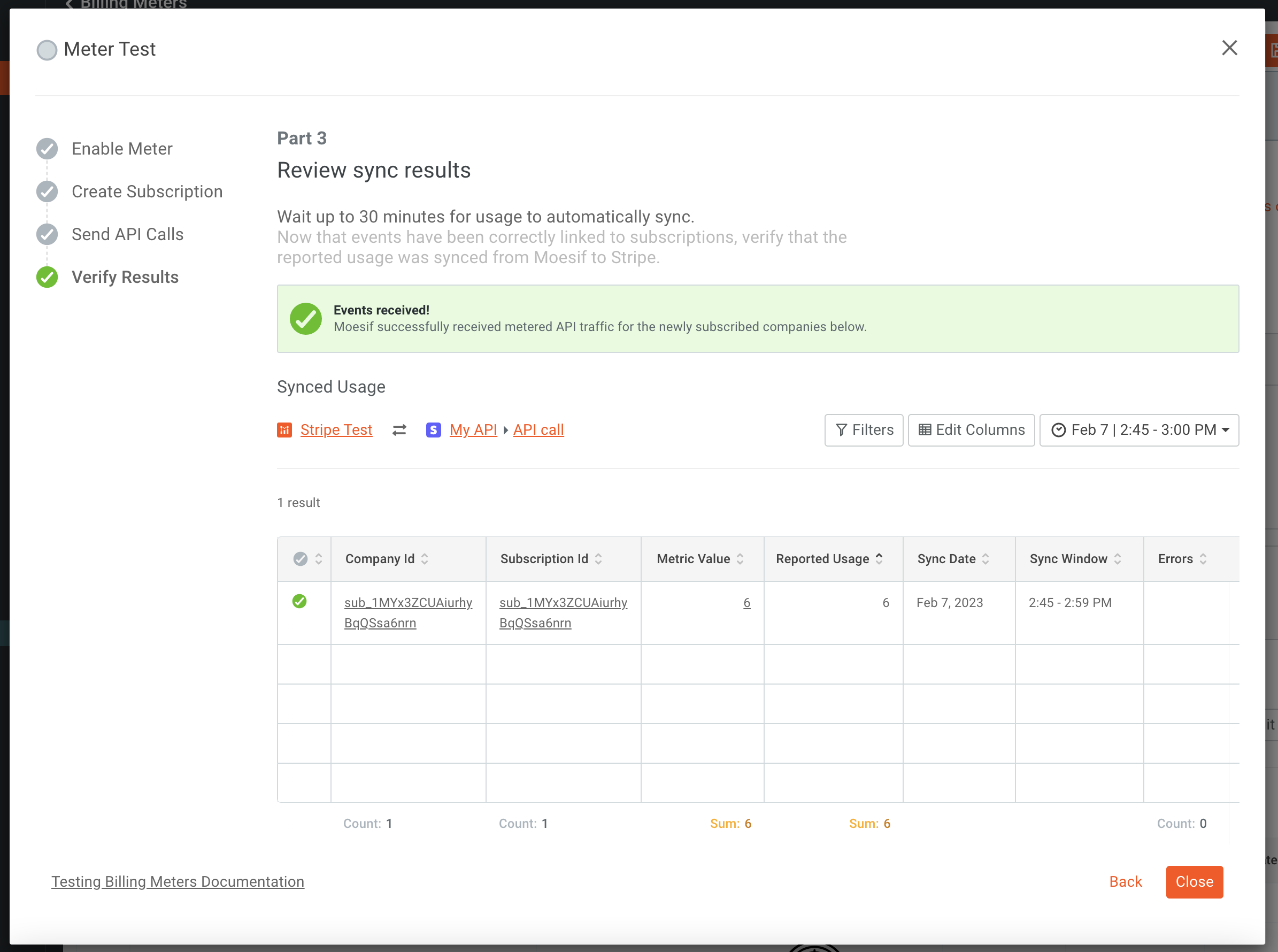 meter test step 3 with received API calls