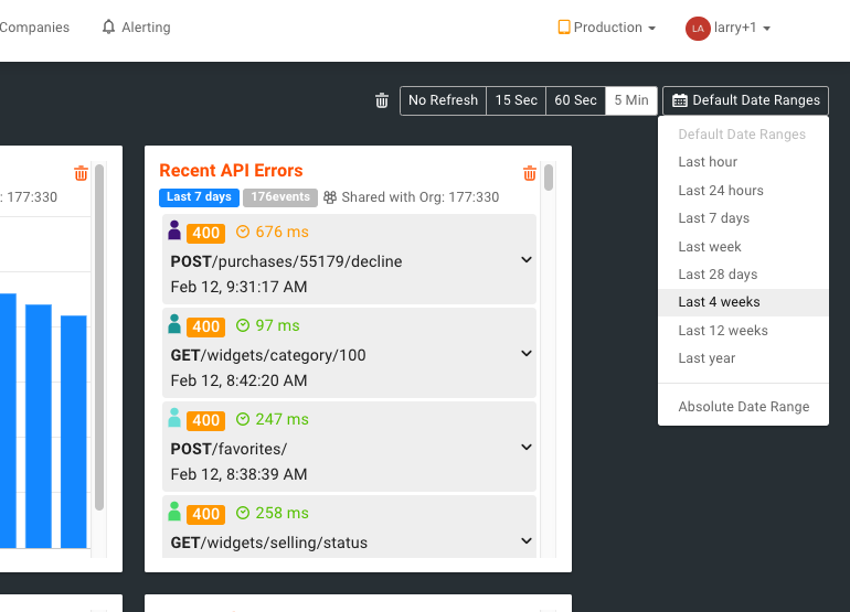 How to set the date range and refresh rate in moesif dashboards