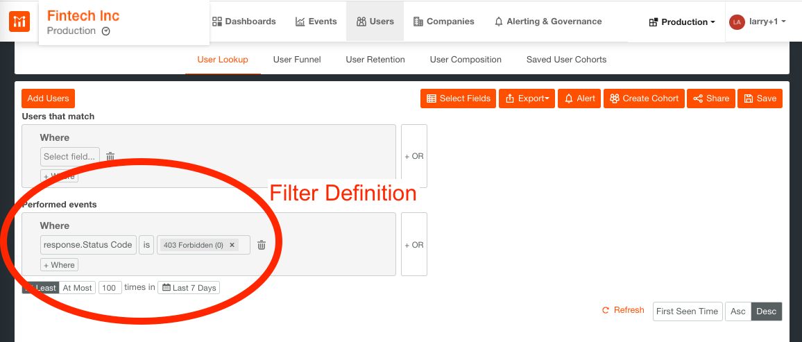 Alerting users with > 100 unauthorized errors in last 7 days